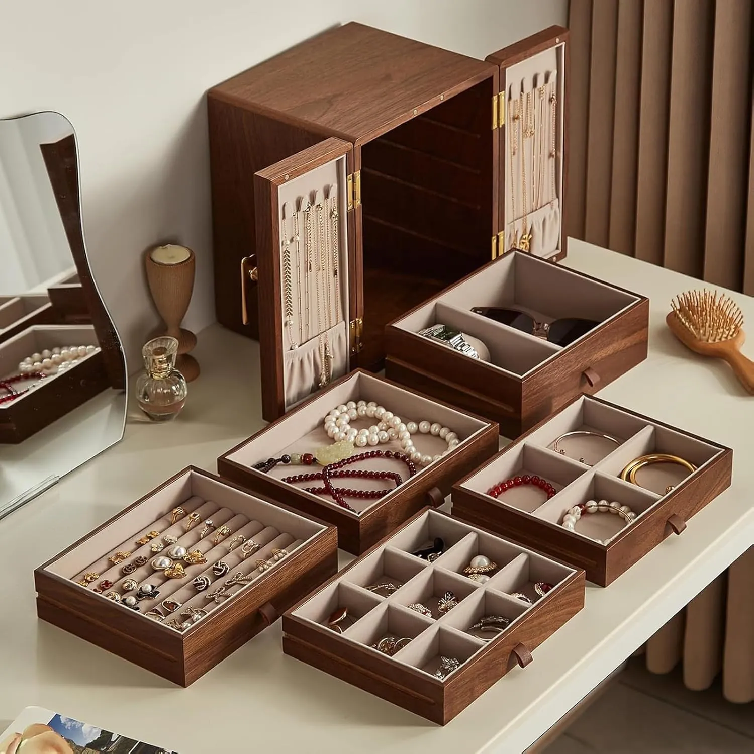 - 5 Layer Black Walnut Large Jewelry Organizer Storage, Jewelry Cabinet for Necklaces complement bloom functional capability Rings Earrings Watches, Gifts Wooden Jewelry Box with Brass Handle 