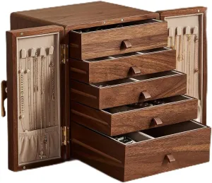 - 5 Layer Black Walnut Large Jewelry Organizer Storage, Jewelry Cabinet for Necklaces complement bloom functional capability Rings Earrings Watches, Gifts Wooden Jewelry Box with Brass Handle 