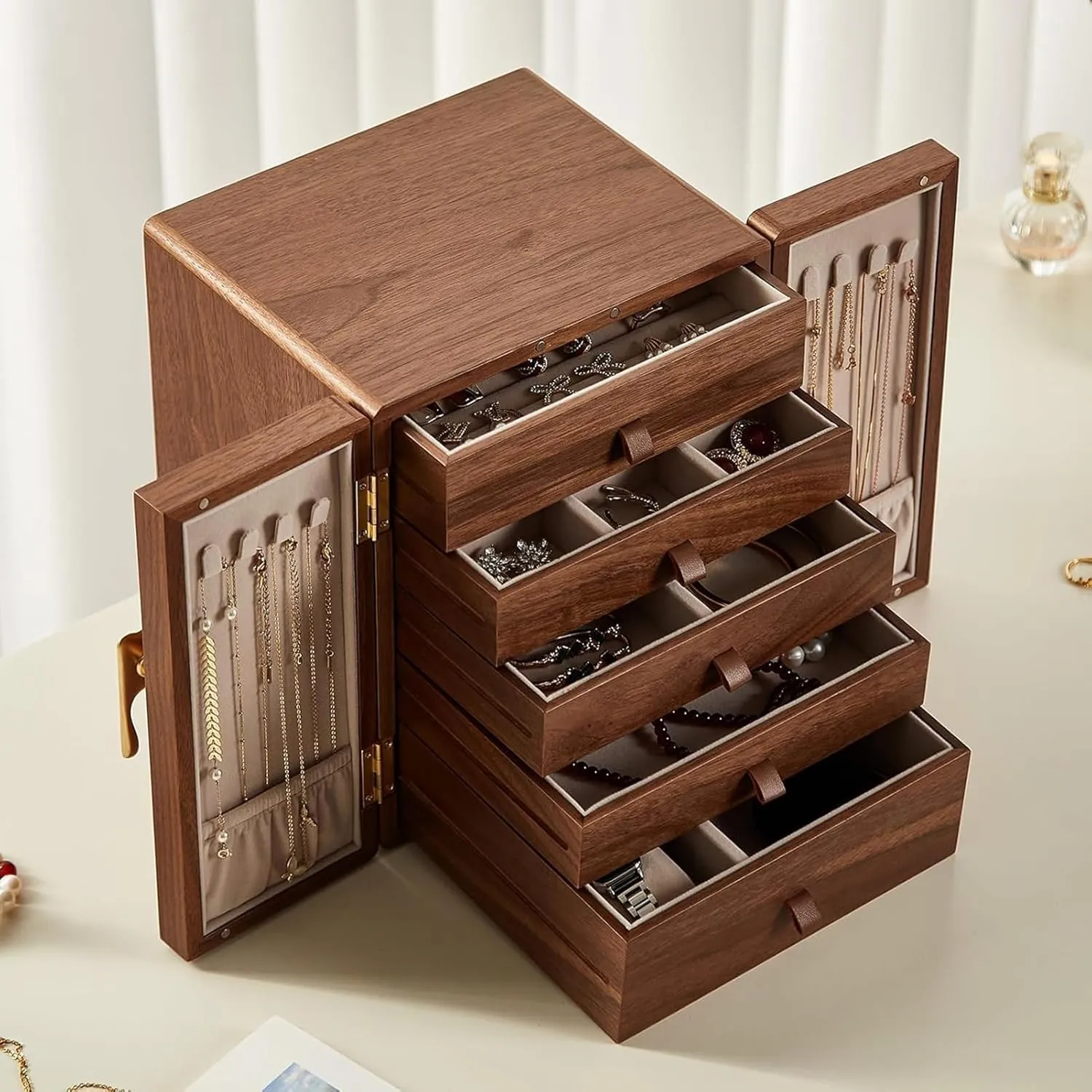 - 5 Layer Black Walnut Large Jewelry Organizer Storage, Jewelry Cabinet for Necklaces complement bloom functional capability Rings Earrings Watches, Gifts Wooden Jewelry Box with Brass Handle 