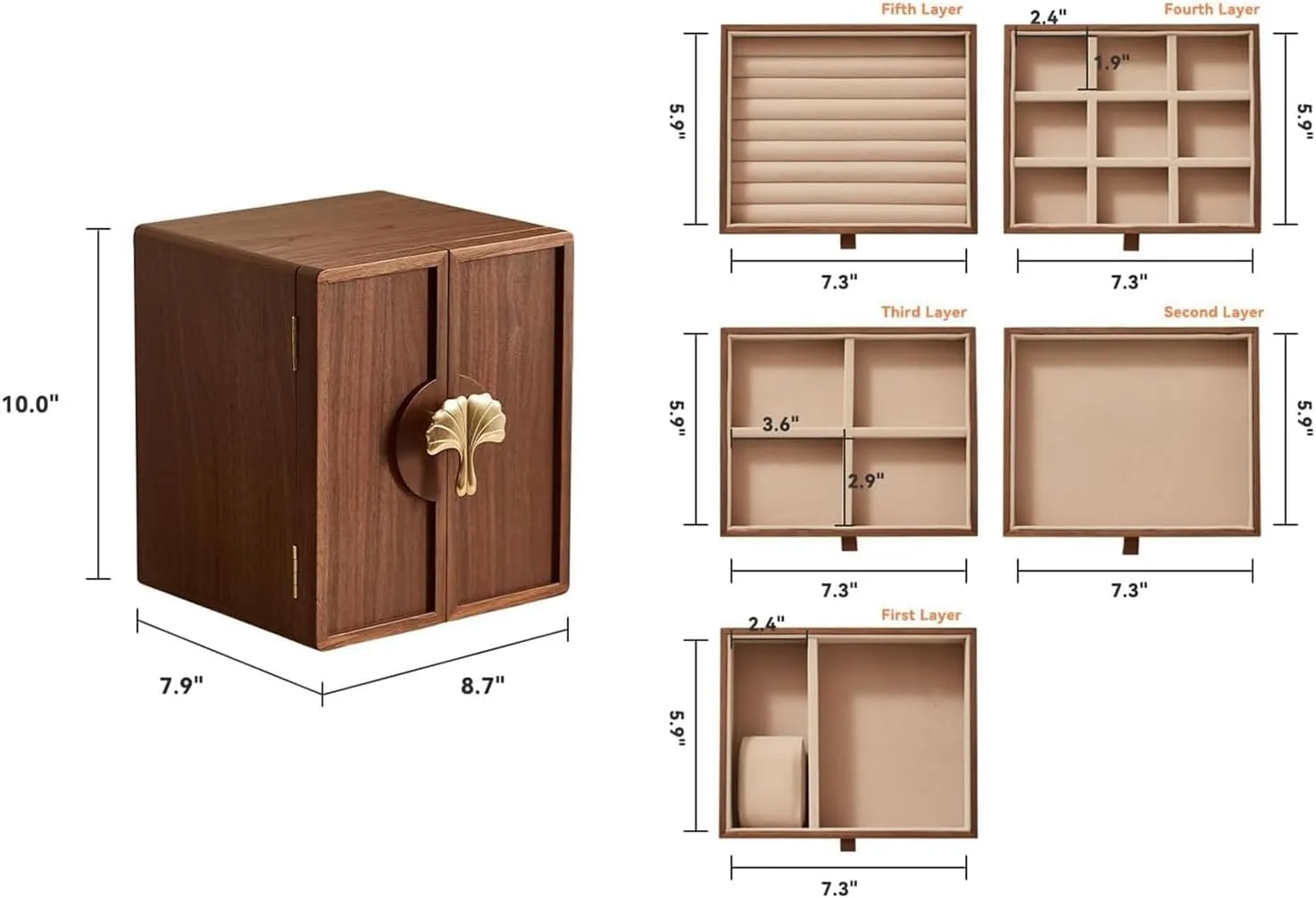 - 5 Layer Black Walnut Large Jewelry Organizer Storage, Jewelry Cabinet for Necklaces complement bloom functional capability Rings Earrings Watches, Gifts Wooden Jewelry Box with Brass Handle 