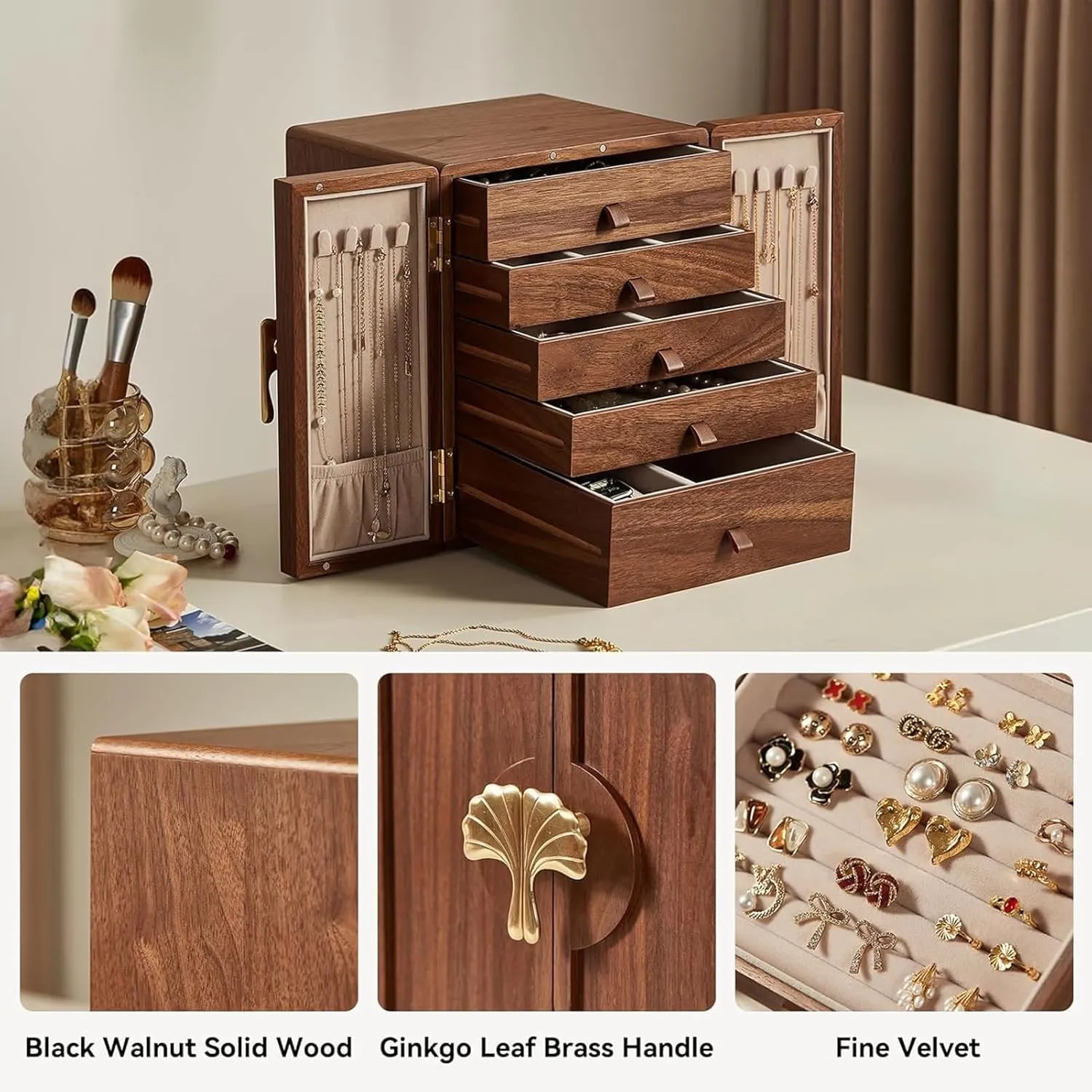 - 5 Layer Black Walnut Large Jewelry Organizer Storage, Jewelry Cabinet for Necklaces complement bloom functional capability Rings Earrings Watches, Gifts Wooden Jewelry Box with Brass Handle 