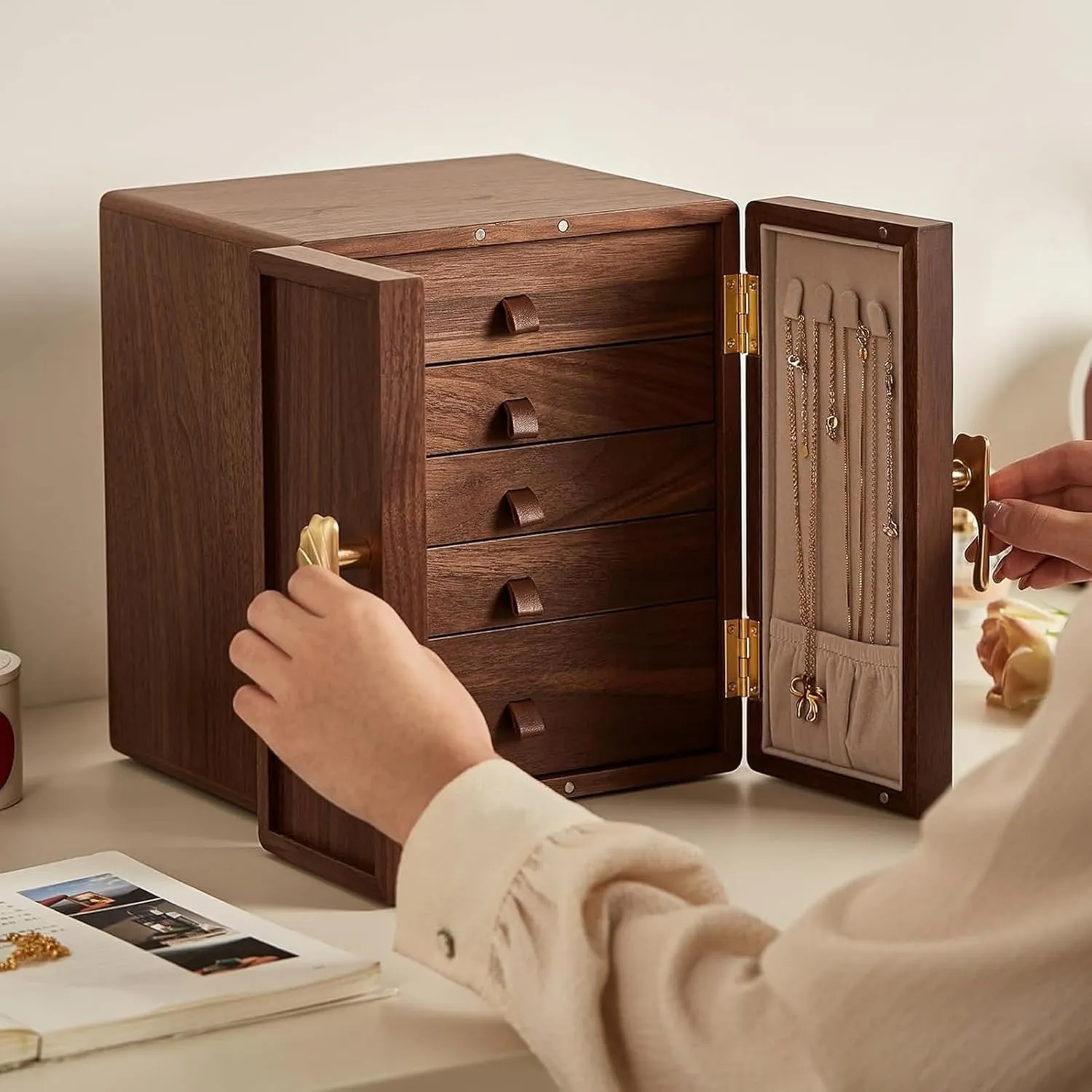 - 5 Layer Black Walnut Large Jewelry Organizer Storage, Jewelry Cabinet for Necklaces complement bloom functional capability Rings Earrings Watches, Gifts Wooden Jewelry Box with Brass Handle 