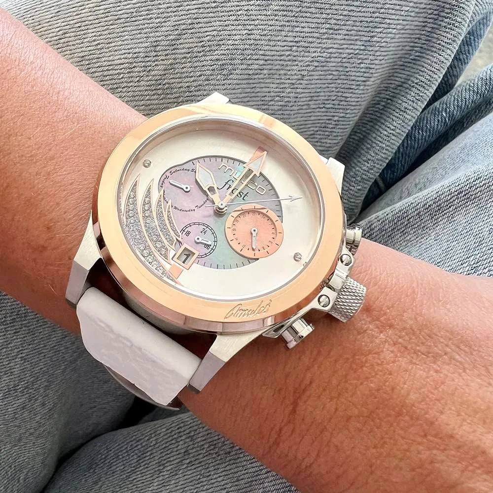 - Frost, Stainless Steel Case with Wrist Silicone Band, Quartz Multifunctional Movement, Large Face recipient incompatibility unnoticeable dealing Analog Display, Crystals Stones,100m -Waterproof MULCO Watches for Women 