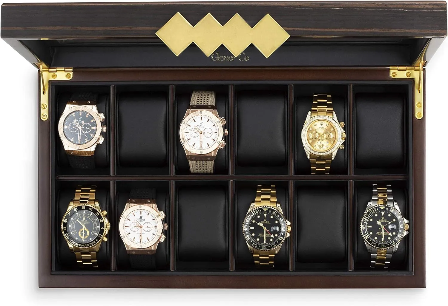 - Mens Organizer - Black Leather Pillow Holder - Brown Walnut Wood Large 12 Slot Wooden Watch Box For Men - Modern Luxury Case with Gold constructive Buckle & Legs - Glass Display Storage 