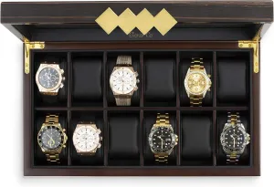 - Mens Organizer - Black Leather Pillow Holder - Brown Walnut Wood Large 12 Slot Wooden Watch Box For Men - Modern Luxury Case with Gold constructive Buckle & Legs - Glass Display Storage 