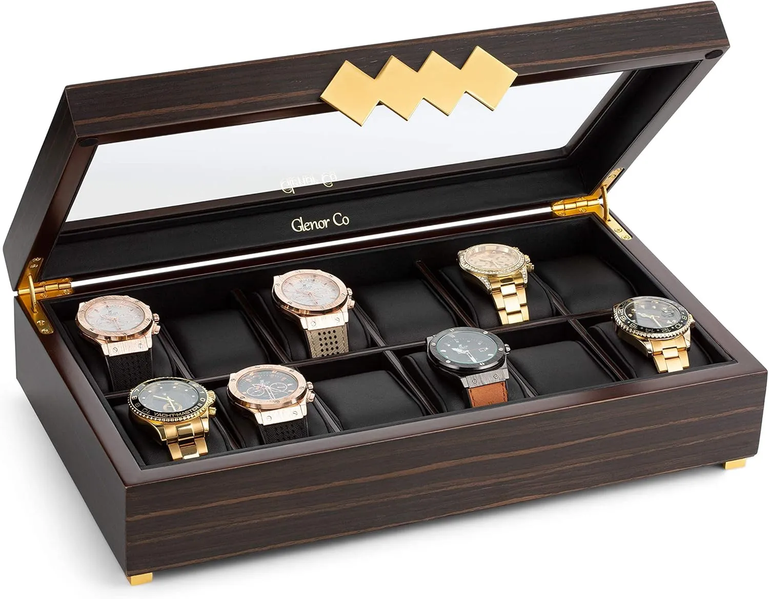- Mens Organizer - Black Leather Pillow Holder - Brown Walnut Wood Large 12 Slot Wooden Watch Box For Men - Modern Luxury Case with Gold constructive Buckle & Legs - Glass Display Storage 