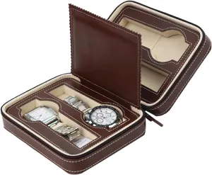: One Size) (Brown One Size) 4 Slots Faux Leather Watch Travel Case Collector Storage grit Zipper Watches Box Brown/Black (Color : Brown, Size 