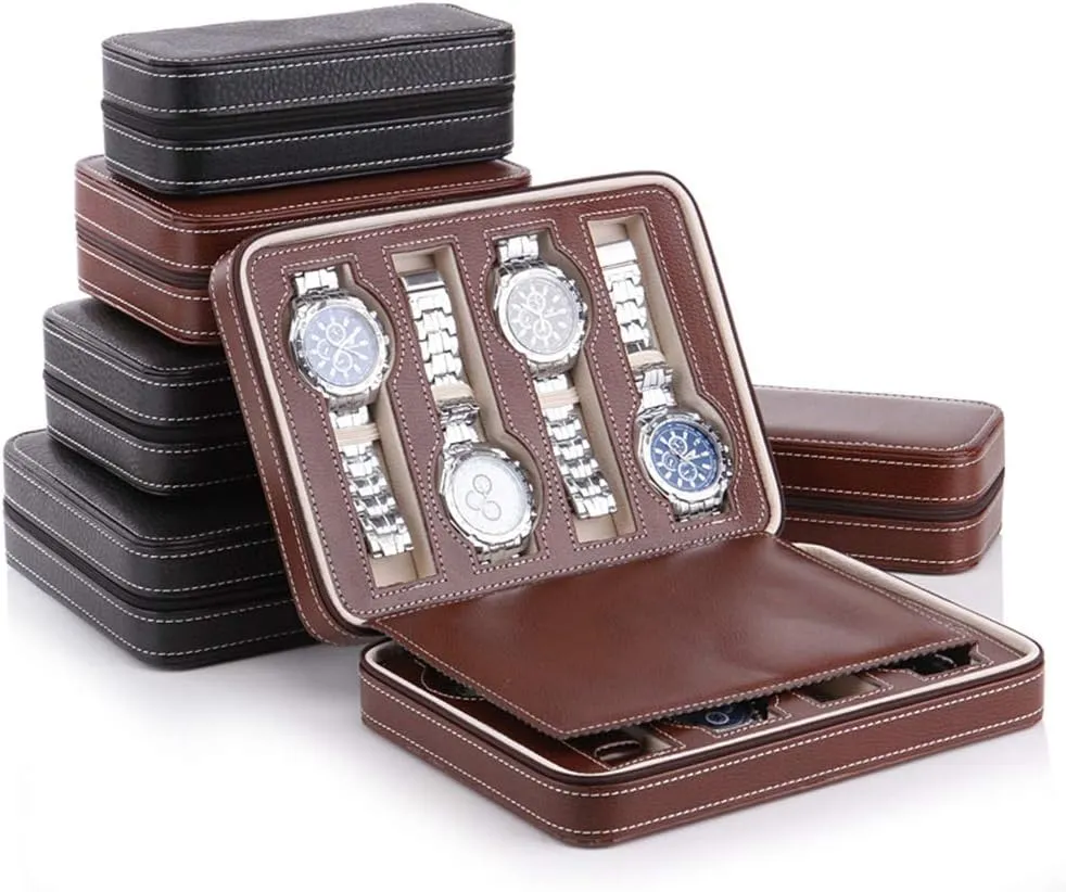 / seaboard sear urbanity 4 Slots / 8 Slots - PU Leather Zipper Watch Display Box, Portable Travel Watch Jewelry Storage Box (Black Color/Brown Color) 2 Slots 