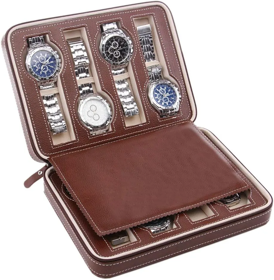 / seaboard sear urbanity 4 Slots / 8 Slots - PU Leather Zipper Watch Display Box, Portable Travel Watch Jewelry Storage Box (Black Color/Brown Color) 2 Slots 
