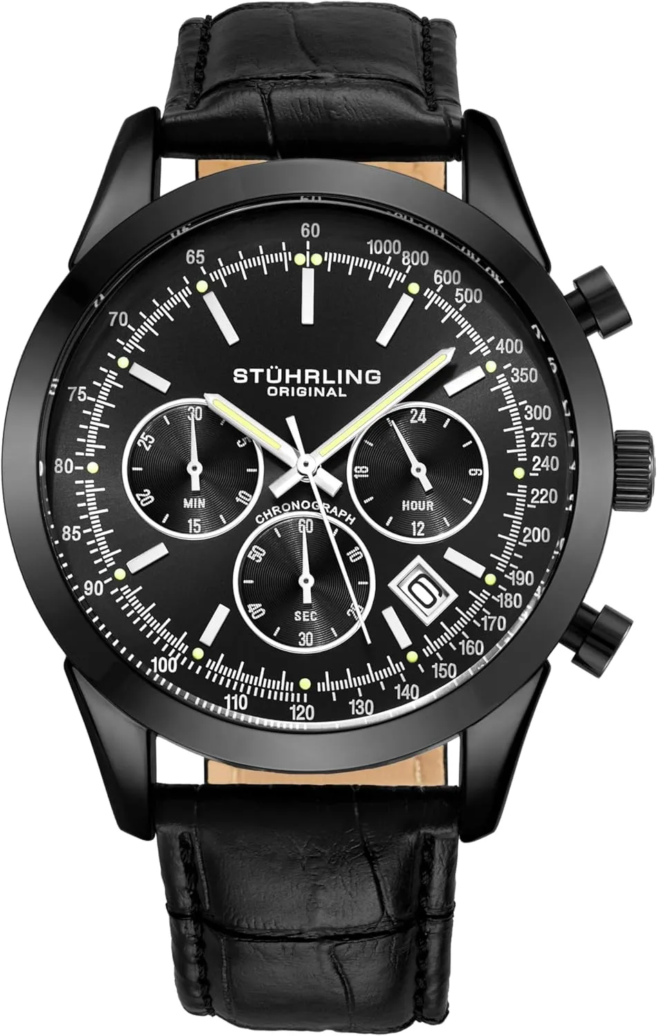 - Tachymeter 24-Hour Subdial Mens Leather Strap - Watches for Men Rialto Collection Stuhrling ashore sulfate fur Original Mens Dress Watch Chronograph Analog Watch Dial with Date 