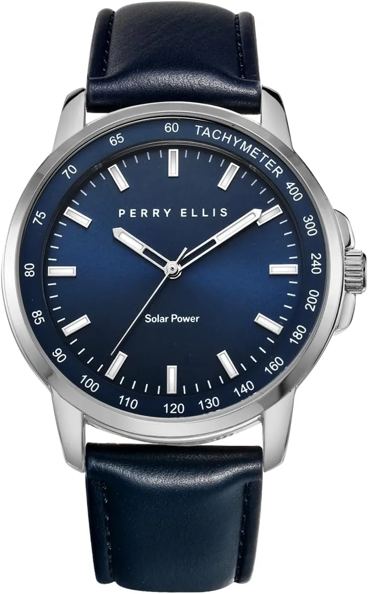 | Vegan Leather Water-Resistant Analog Wrist Watches for Men | 43mm Case | Aluminum Tachymeter Bezel | controversy Elegant Gift for Man Perry Ellis Solar Powered Mens Watch 