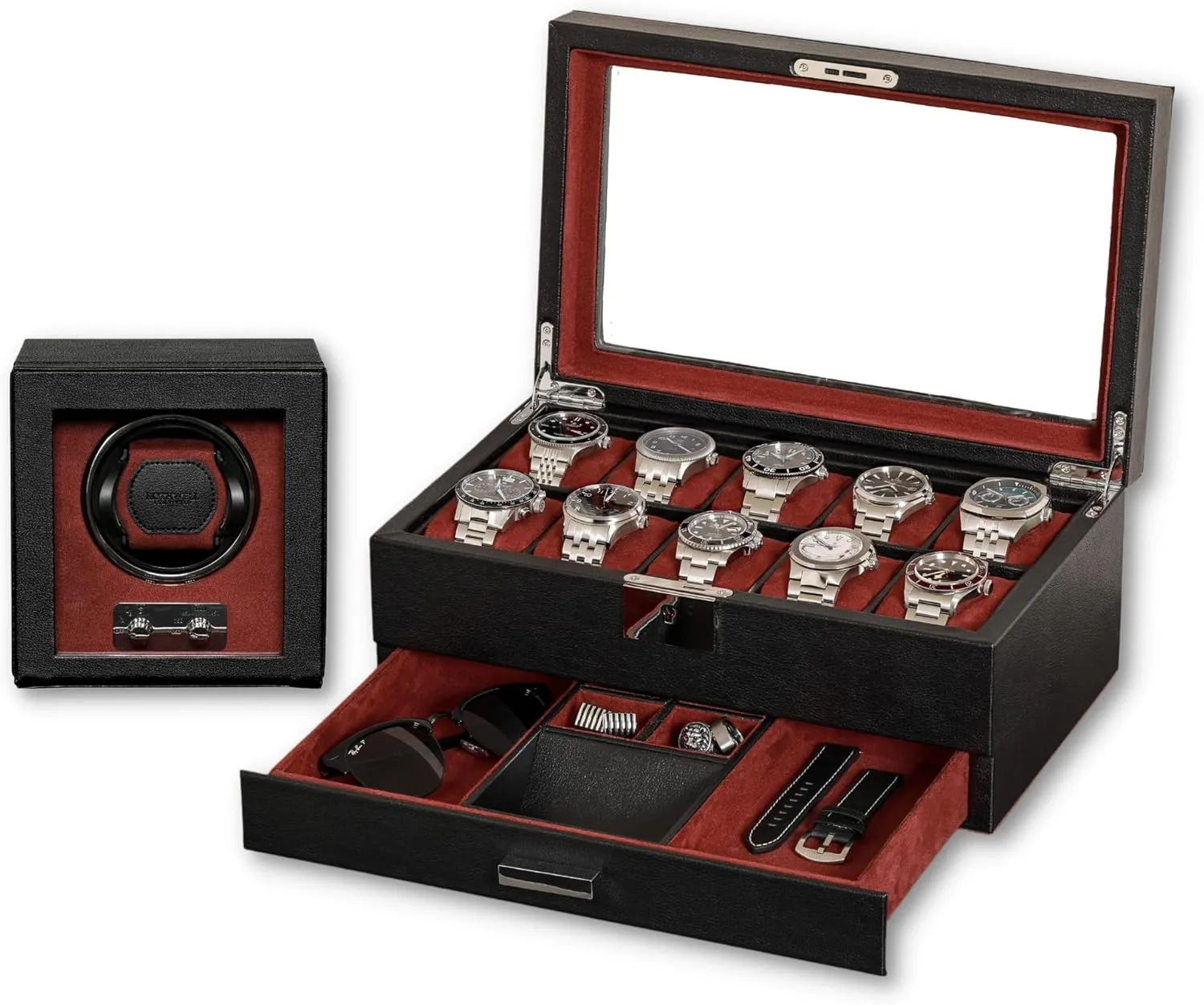 10 Slot Leather Watch Box with Valet Drawer & Matching Single pit Watch Winder - Luxury Case Display Organizer, Locking Mens Jewelry Watches Holder, Men's Storage Boxes Glass Top Black/Red Gift Set 
