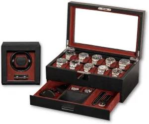 10 Slot Leather Watch Box with Valet Drawer & Matching Single pit Watch Winder - Luxury Case Display Organizer, Locking Mens Jewelry Watches Holder, Men's Storage Boxes Glass Top Black/Red Gift Set 