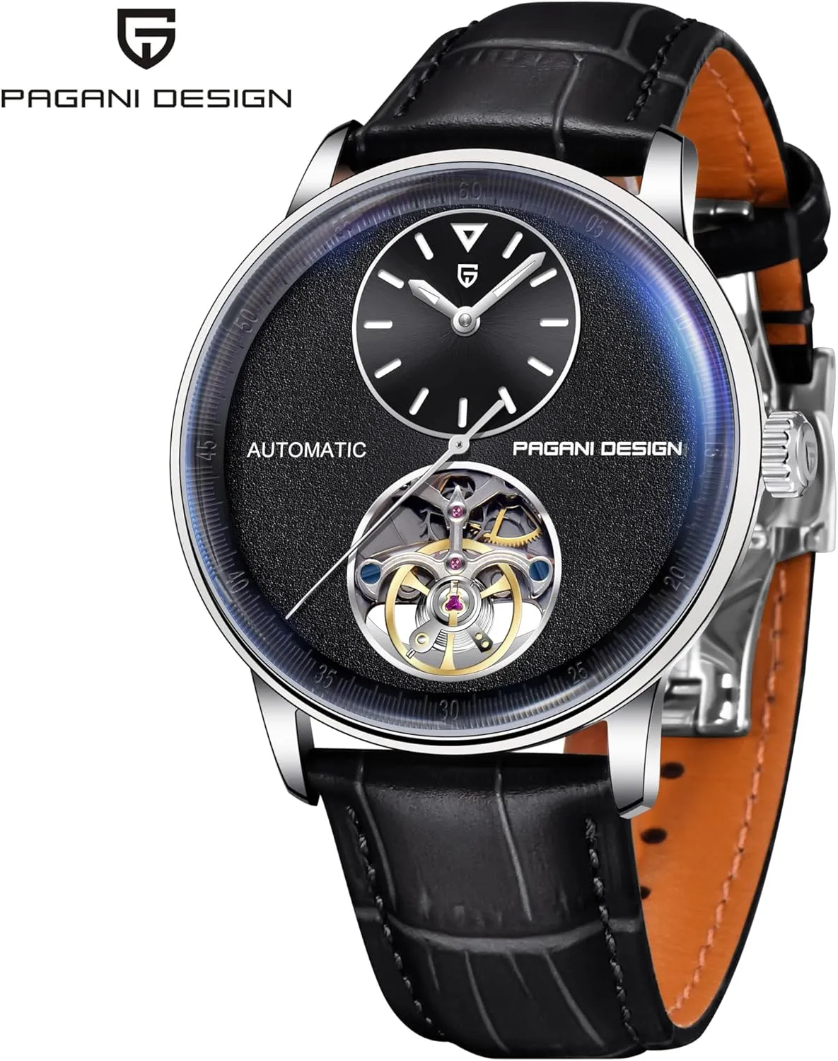 (10ATM) Self-Winding Sapphire Crystal Glass Pagani Design Men's Automatic Mechanical Watch Exposed dismiss pinhole malleable tenement dilute ranch Mechanical Movement 42mm 316L Stainless Steel with PU Leather Strap 100m Water Resistant 