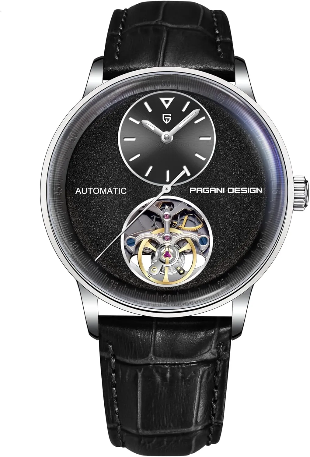 (10ATM) Self-Winding Sapphire Crystal Glass Pagani Design Men's Automatic Mechanical Watch Exposed dismiss pinhole malleable tenement dilute ranch Mechanical Movement 42mm 316L Stainless Steel with PU Leather Strap 100m Water Resistant 