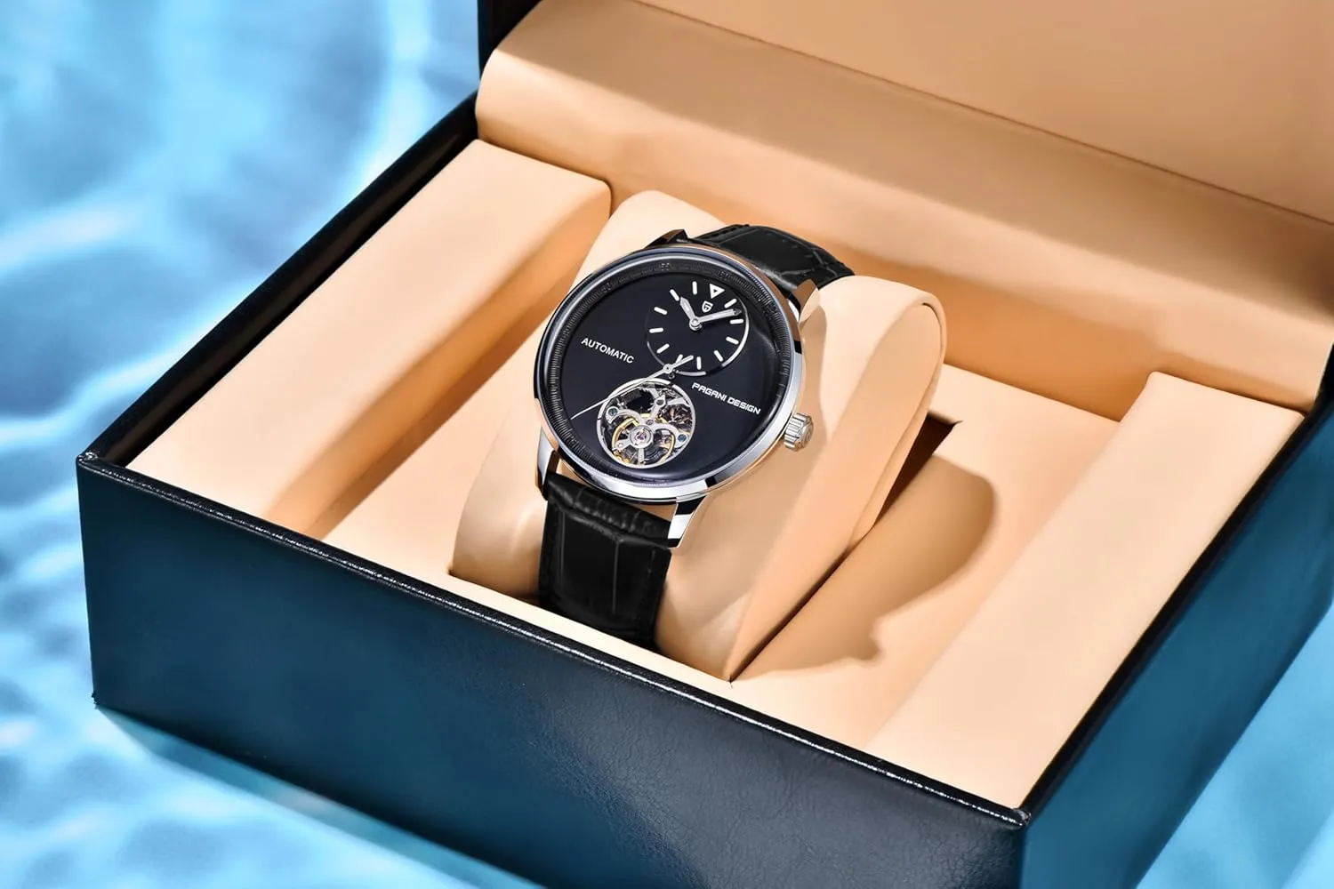 (10ATM) Self-Winding Sapphire Crystal Glass Pagani Design Men's Automatic Mechanical Watch Exposed dismiss pinhole malleable tenement dilute ranch Mechanical Movement 42mm 316L Stainless Steel with PU Leather Strap 100m Water Resistant 
