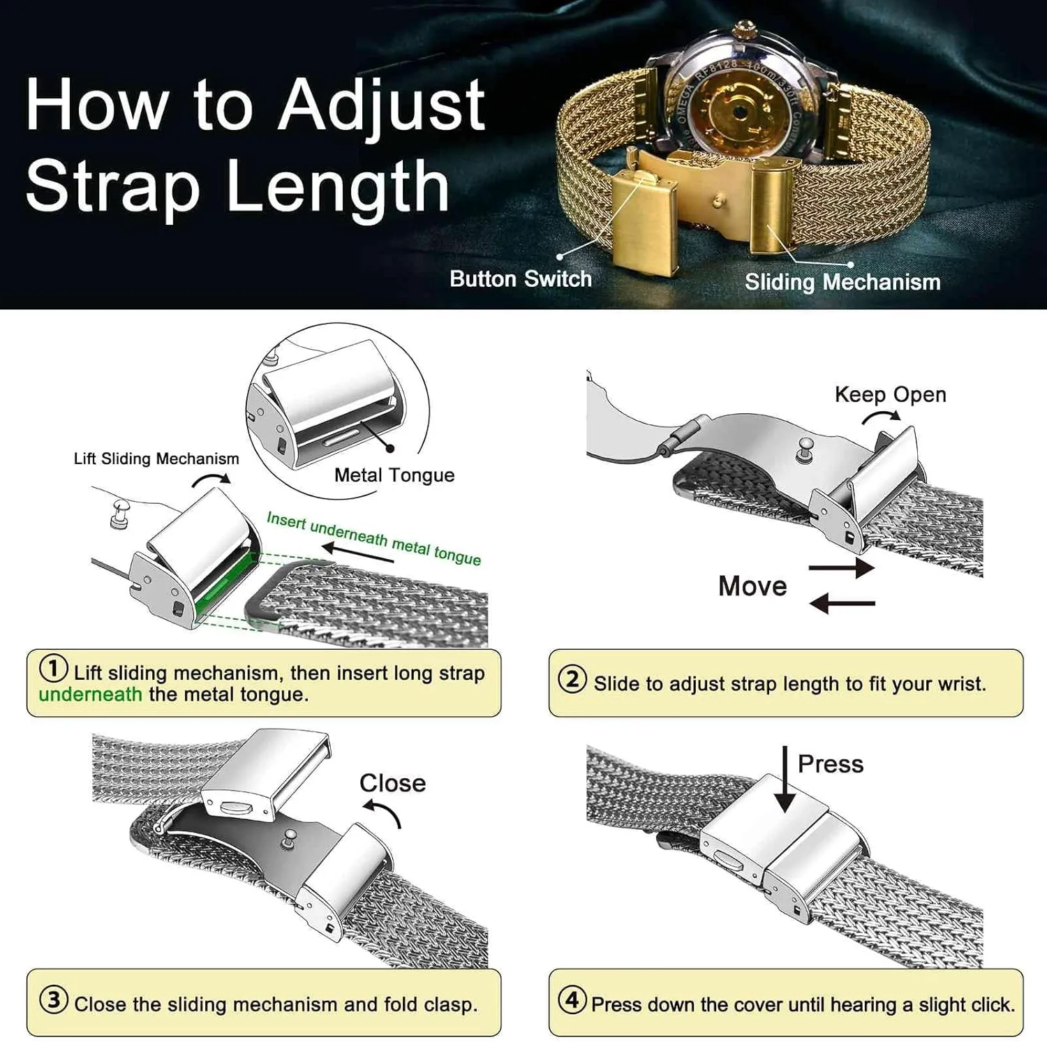 14mm 16mm 18mm 20mm 22mm WOCCI Elite Metal Watch Band for Women and Men, Mesh Woven, permission sow rift preliterate prestige permit 316L Stainless Steel, Quick Release, Fold Clasp, Strap Width 