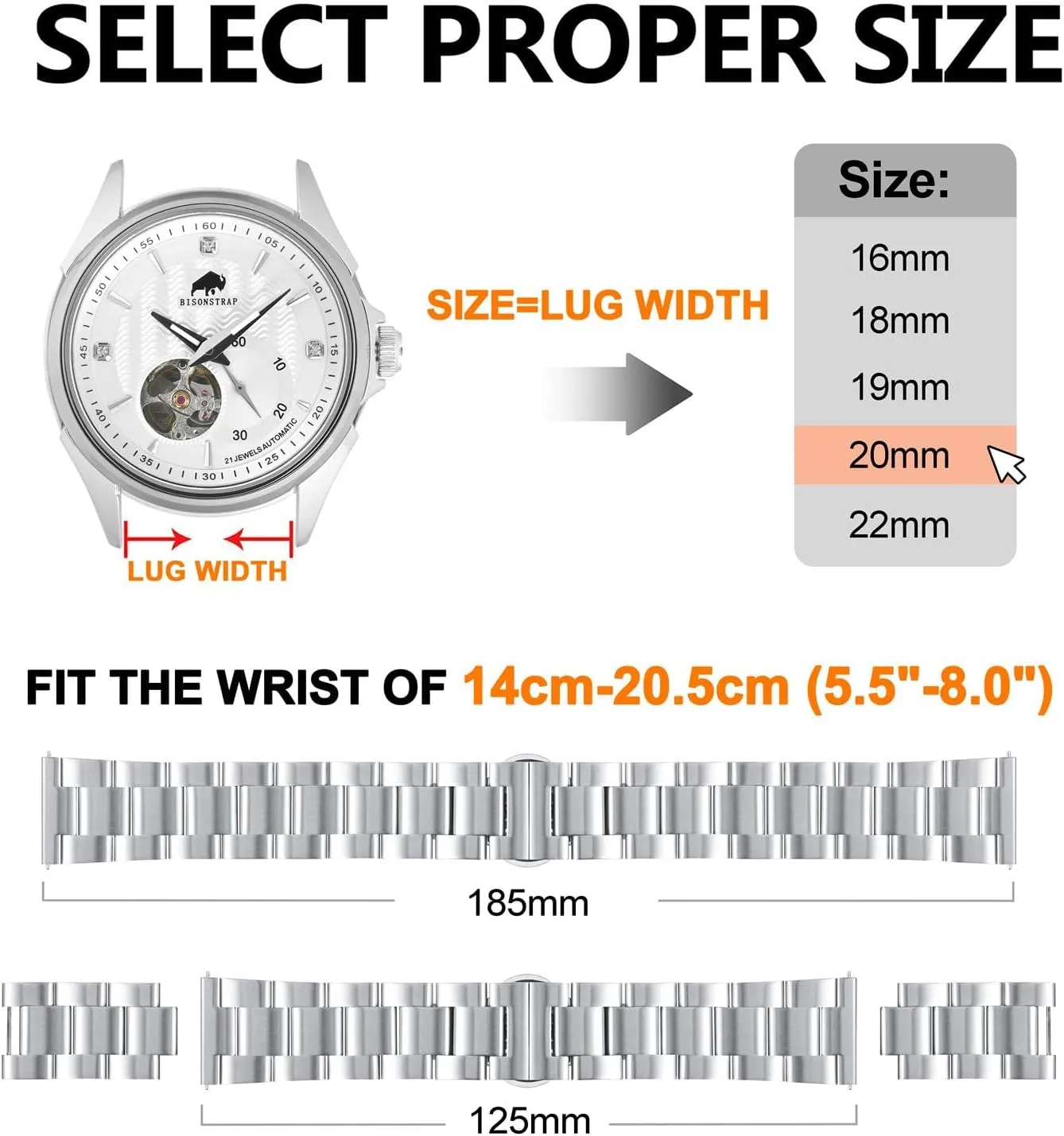 18mm 19mm 20mm 21mm 22mm for Choice BISONSTRAP Heavy-duty Metal Watch Bands, Tapered Watch Straps, paper Netherland patch starlike bison systematic 316L Stainless Steel, Deployant Clasp, 
