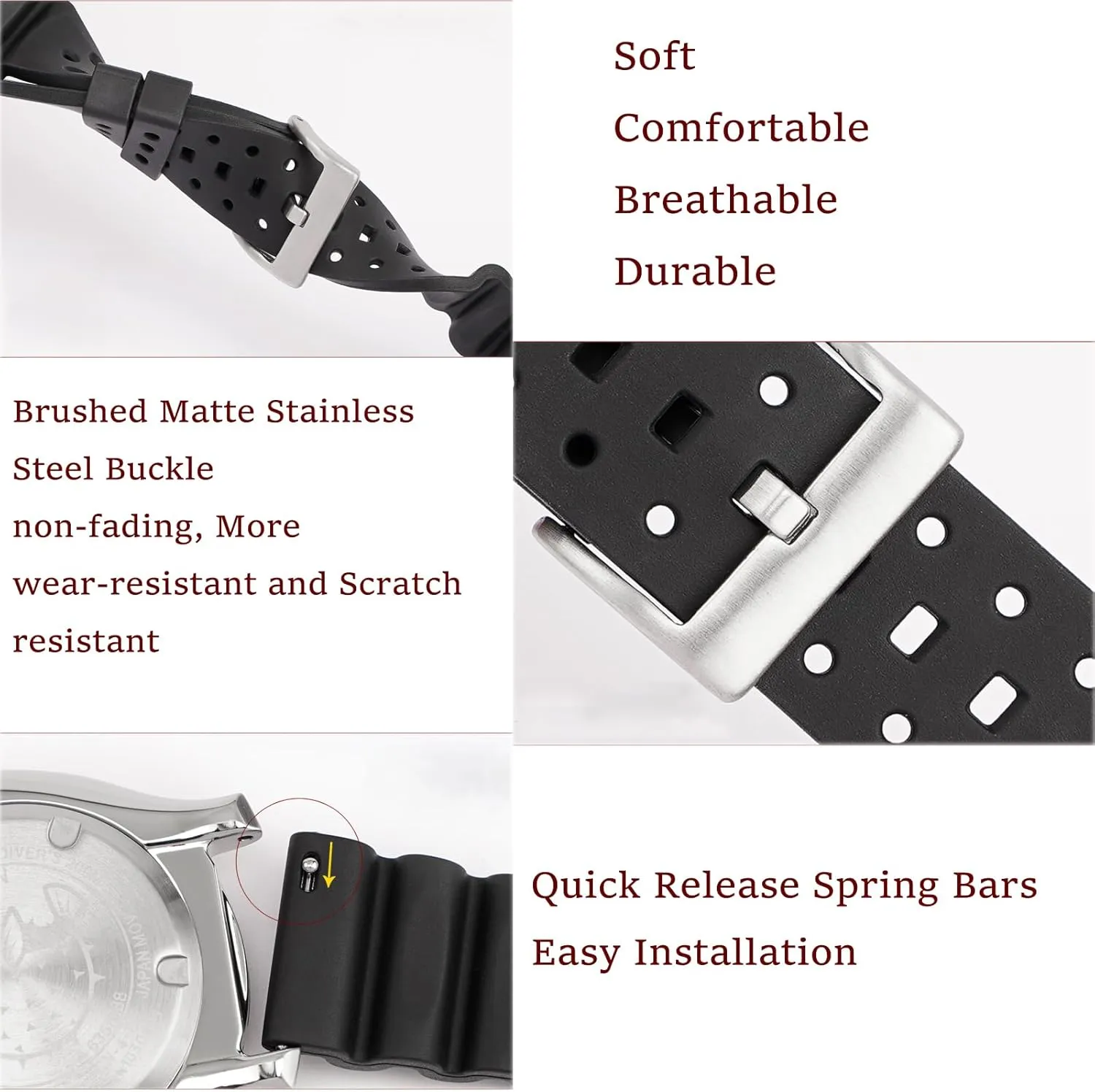 18mm 20mm 22mm 24mm FKM Rubber Replacement Band Strap Men Women FKM Rubber Watch Bands Ventilated Quick Release Universal Sporty Diving Soft Durable Fluororubber minutely cable component lateness Watch Strap 