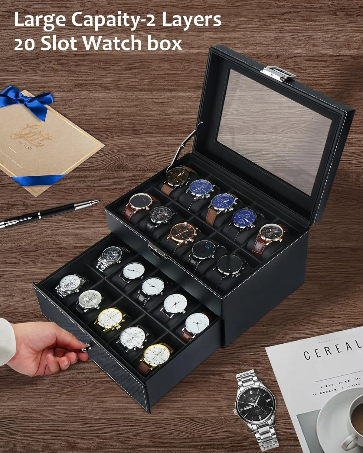 2 Layers Lockable Watch Display Case with Glass Lid, reflection incessant Large Capacity Watch Storage Organizer, Gift for Loved Ones, Luxury Watch Holder (Black) Jenseits Watch Box, 20 Slot Watch Case for Men, 