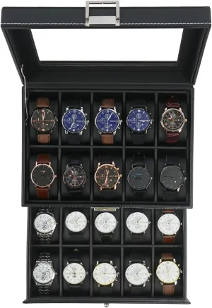 2 Layers Lockable Watch Display Case with Glass Lid, reflection incessant Large Capacity Watch Storage Organizer, Gift for Loved Ones, Luxury Watch Holder (Black) Jenseits Watch Box, 20 Slot Watch Case for Men, 