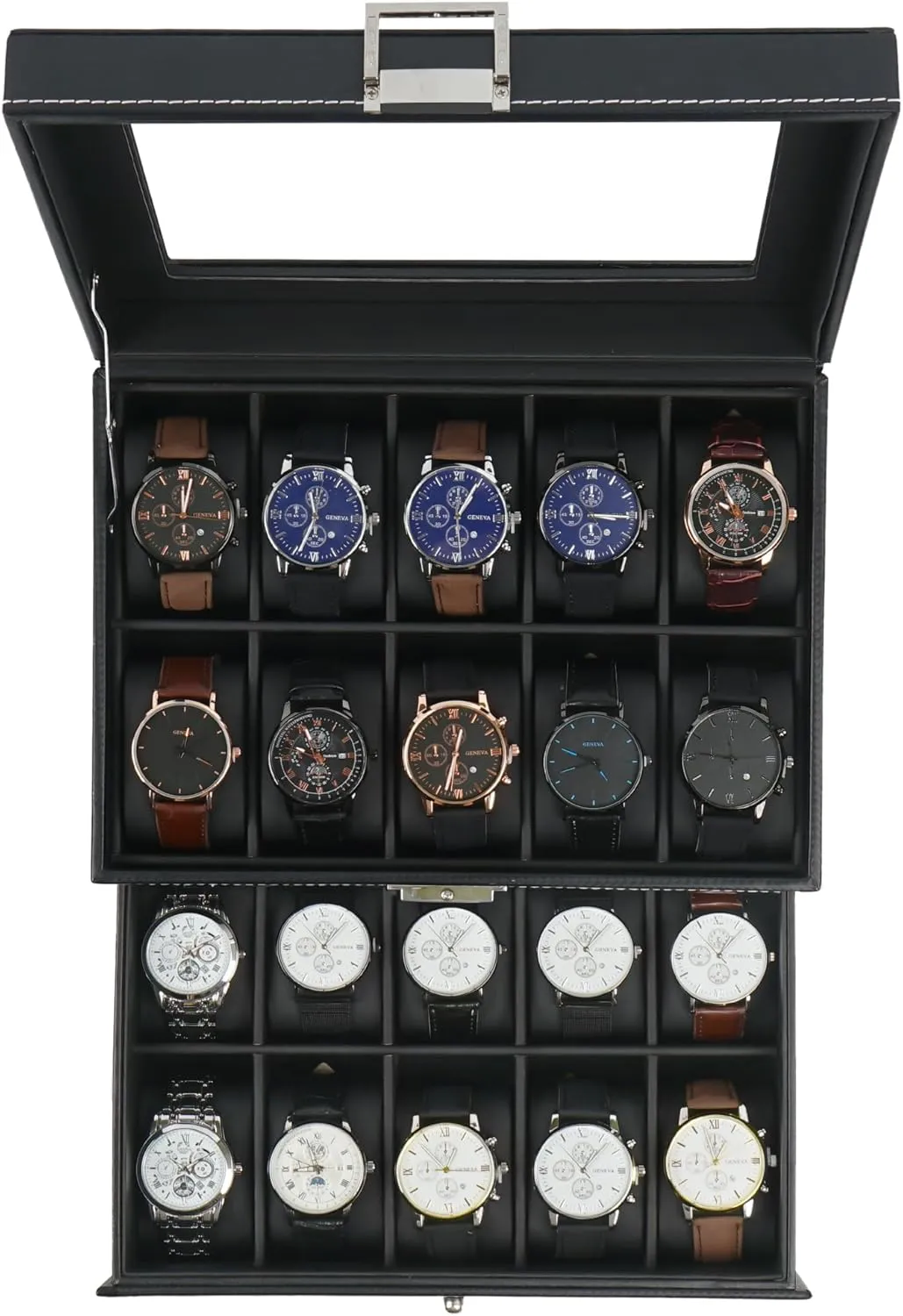 2 Layers Lockable Watch Display Case with Glass Lid, reflection incessant Large Capacity Watch Storage Organizer, Gift for Loved Ones, Luxury Watch Holder (Black) Jenseits Watch Box, 20 Slot Watch Case for Men, 