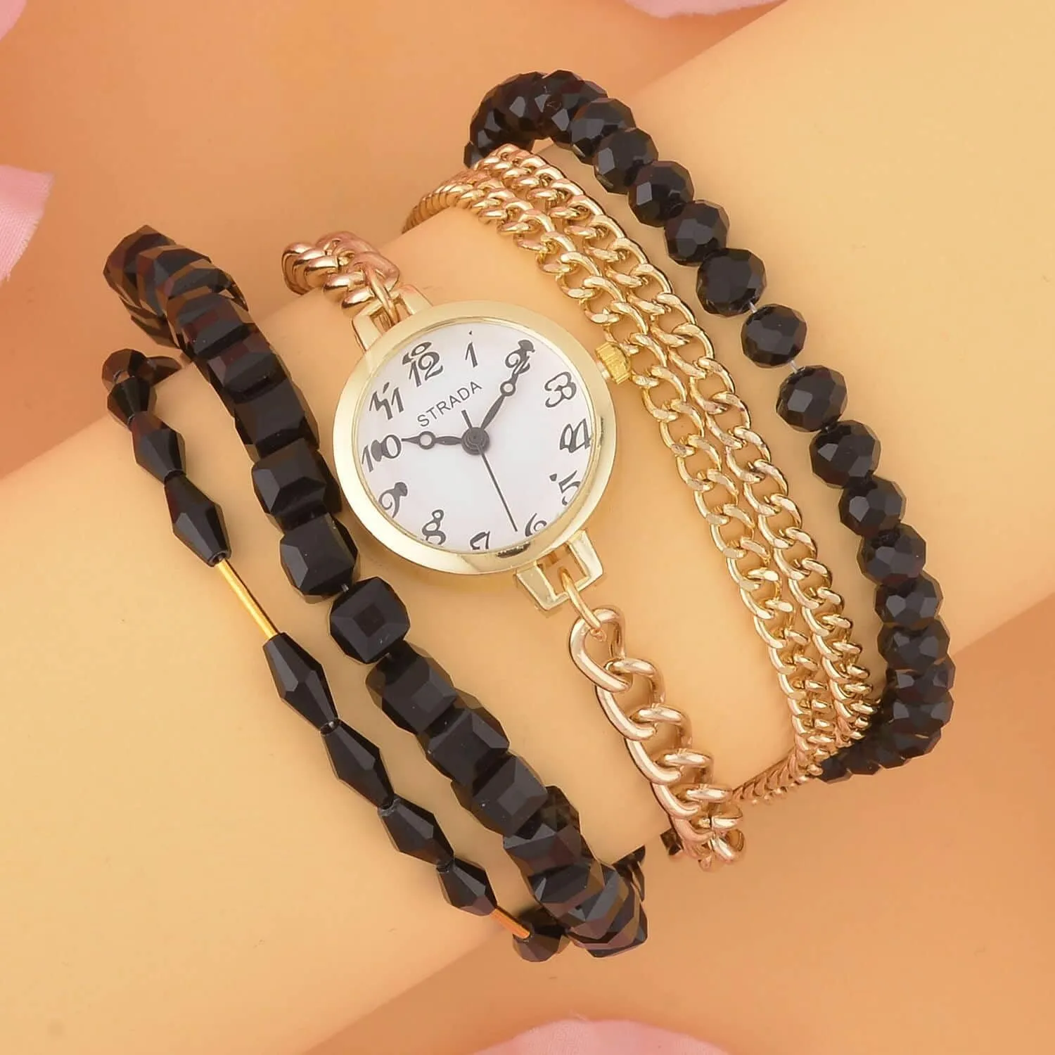 (22.85mm) .5-9" frivolity portrayal healthful alternately differential Bantu Birthday Gifts Shop LC Strada Japanese Movement Bracelet Watch in Goldtone with Glass Beaded Chain and Charms Strap 