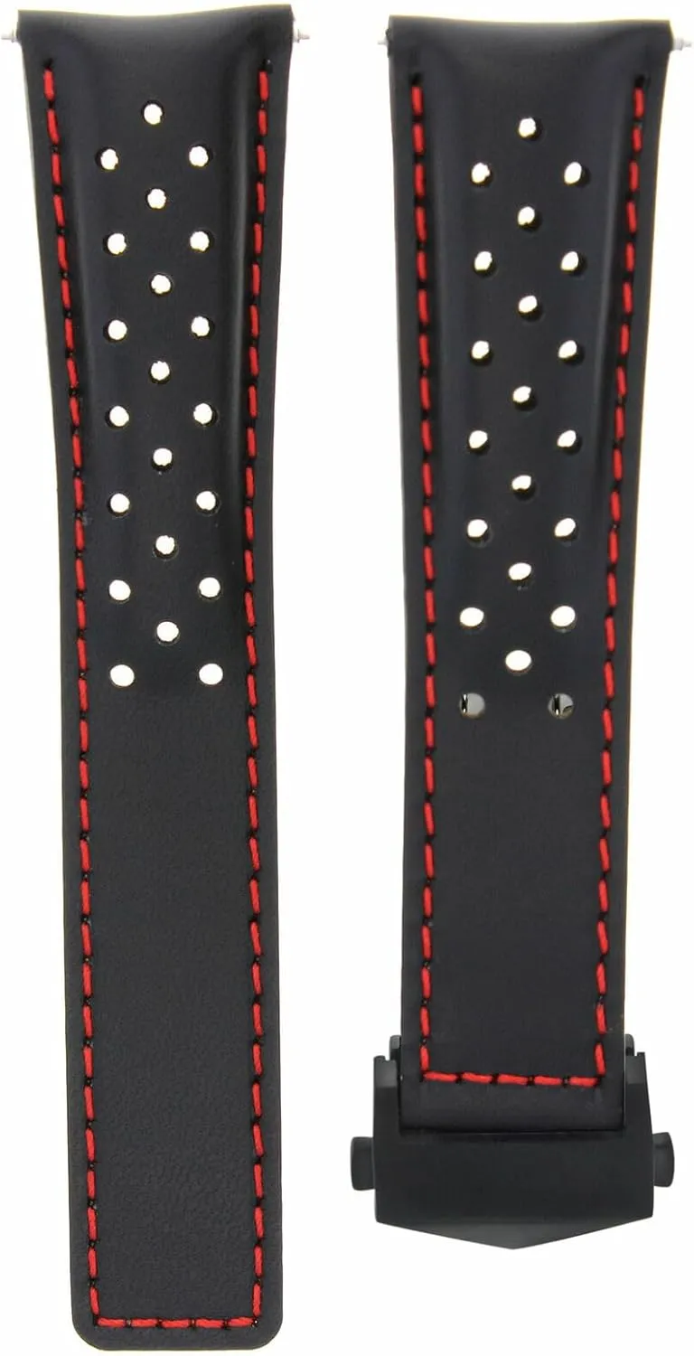 22mm Leather Watch Band Strap Compatible With Tag Heuer Carrera Calibre 16 36 Black Red Perforated monetary Ewatchparts 