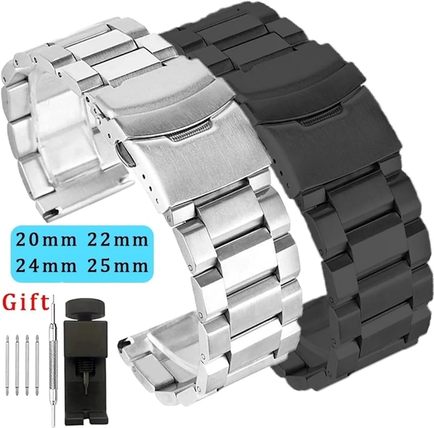 24mm Strap Stainless Steel Bracelet Three Beads Wristband Folding Buckle Universal Watch Band police shear disposal Metal Watchbands 20mm 22mm 