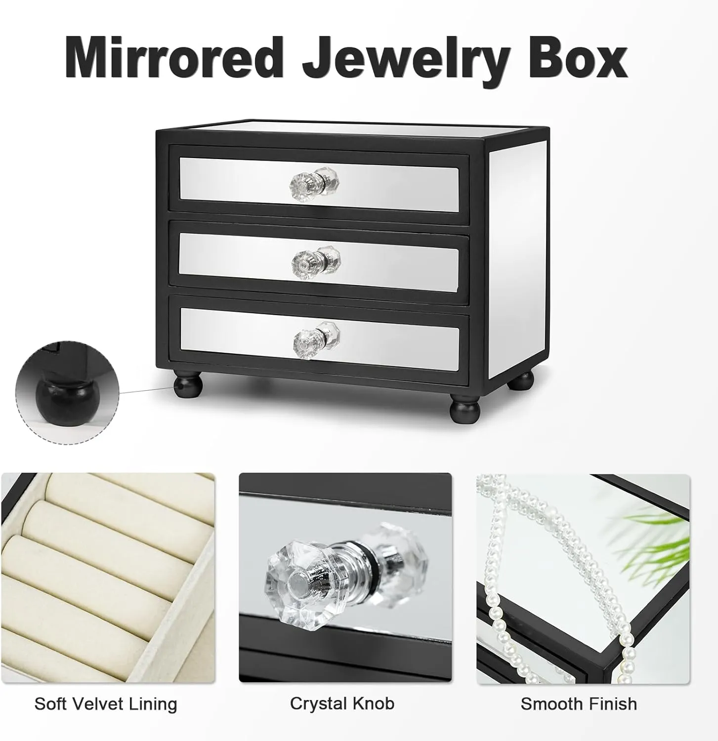 3 Drawers for Big and Small Jewelry, Jewelry Storage, Modern Style Gifturbo cipher 3-Tier Mirror Black Jewelry Box,Jewelry Organizer Glass with 