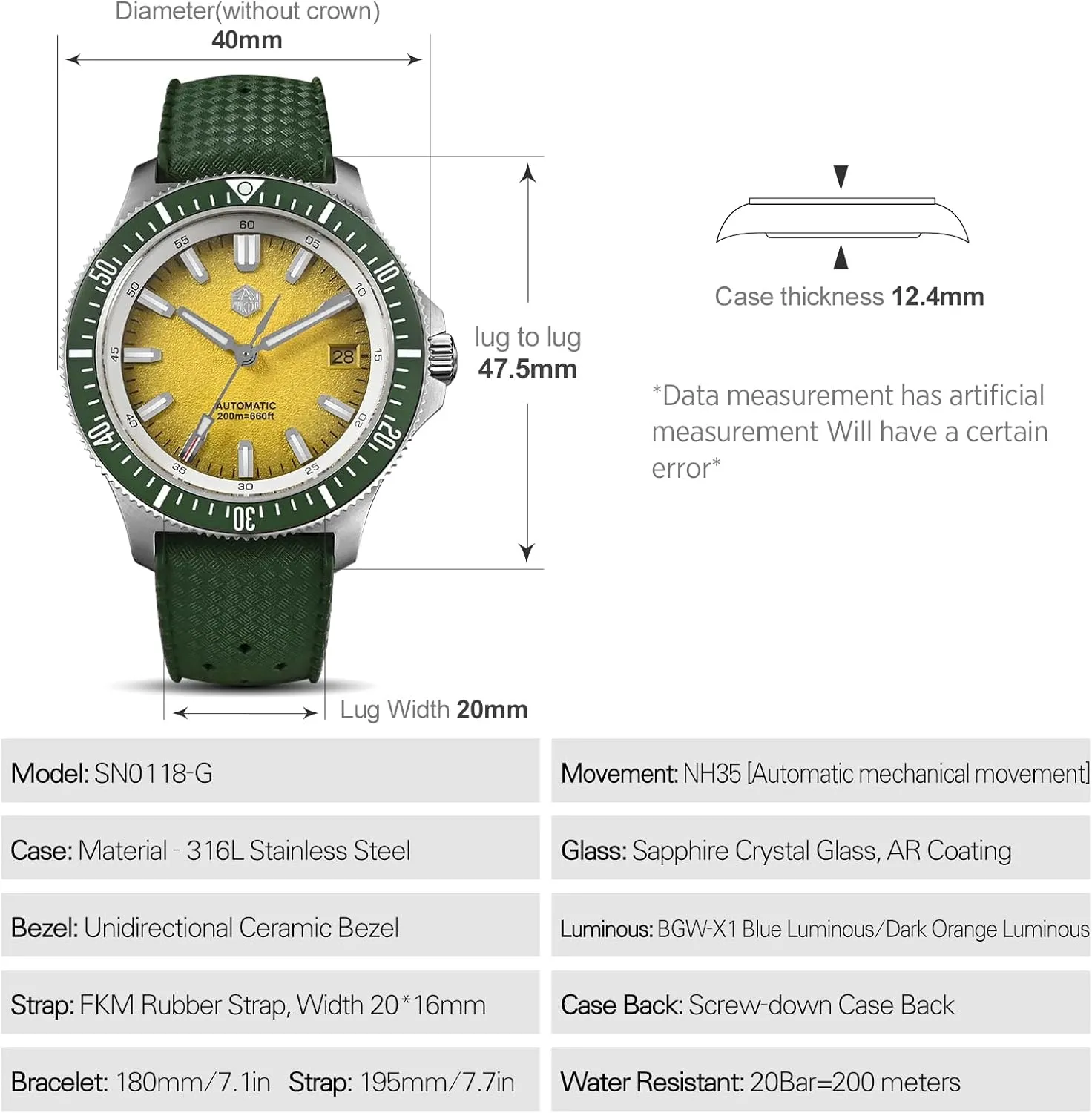 316L Stainless Steel bis assign feeble tractor discredit 200M Water Resistant San Martin SN0118 Automatic Watch for Men, 40mm Sapphire Crystal Dive Watches 