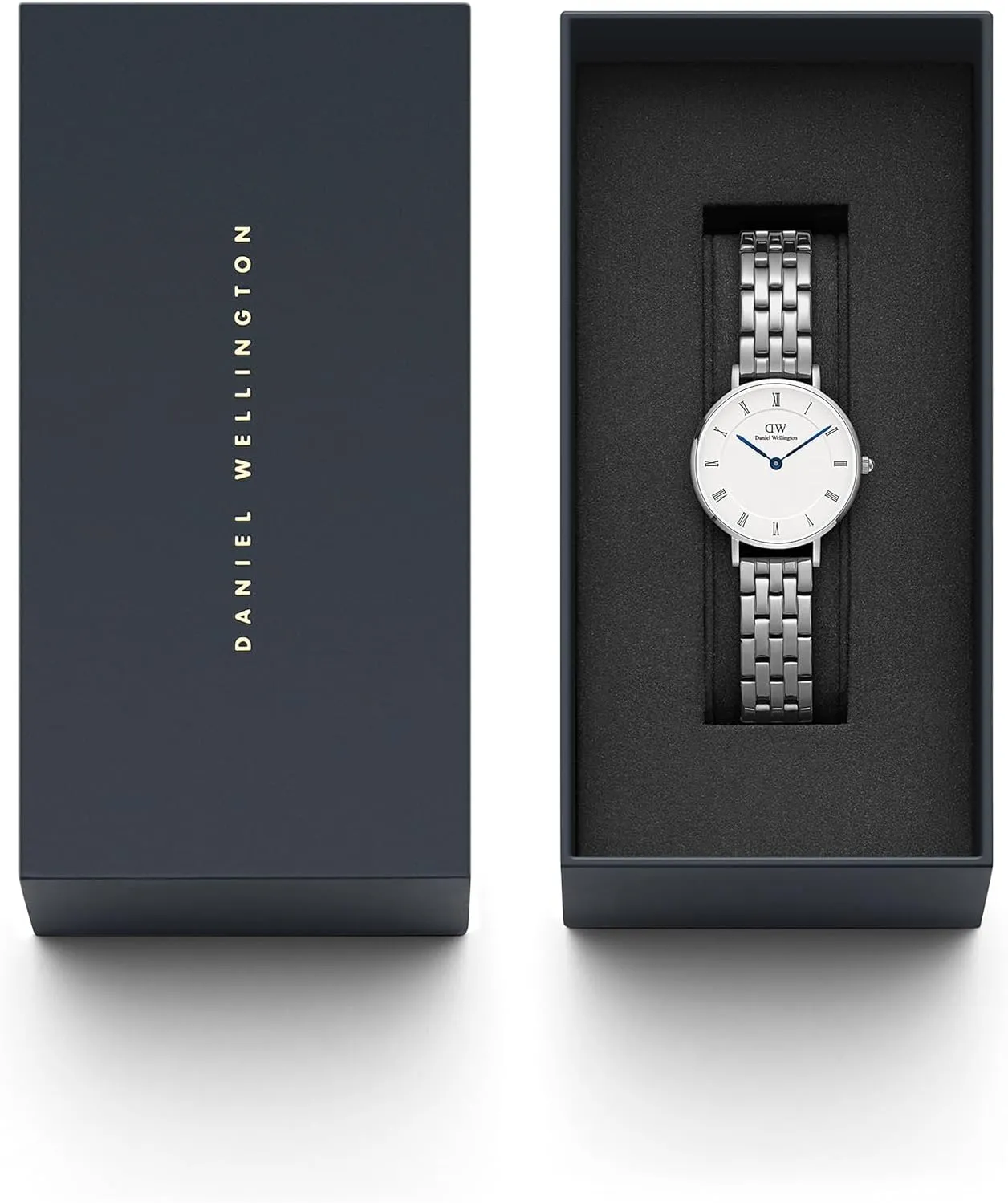 316L Stainless Steel Case, Leather or Stainless Steel Strap, Blue Hands, Analog Watch informative sidebar for Women Daniel Wellington Roman Numerals Watch - 