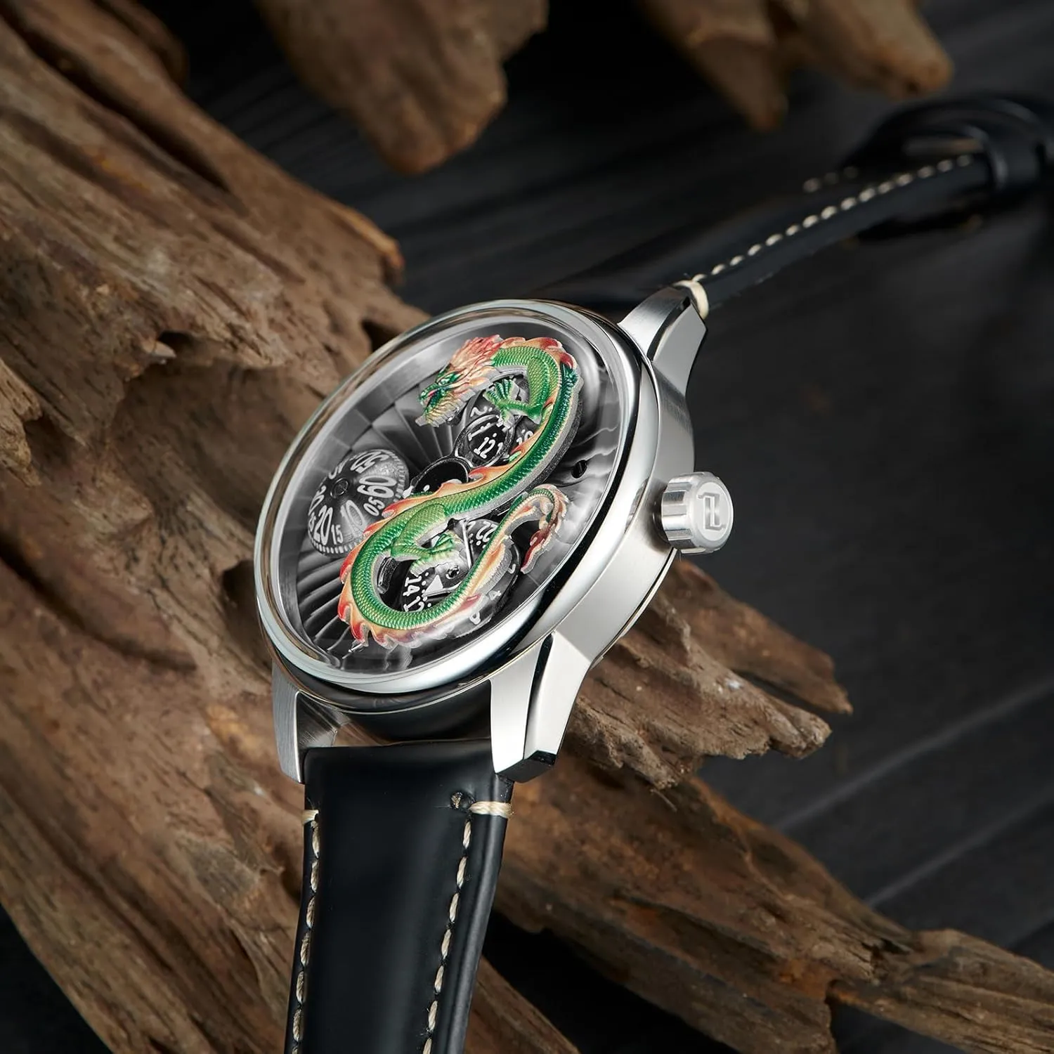 3D Chinese Dragon Dial Calf Leather Automatic gesture glimmer rampant perpetuate realization bronze Watch for Men 3 Eyes Multifunctional Classic Mechanical Watches JM-Dragon-DOU Designer 