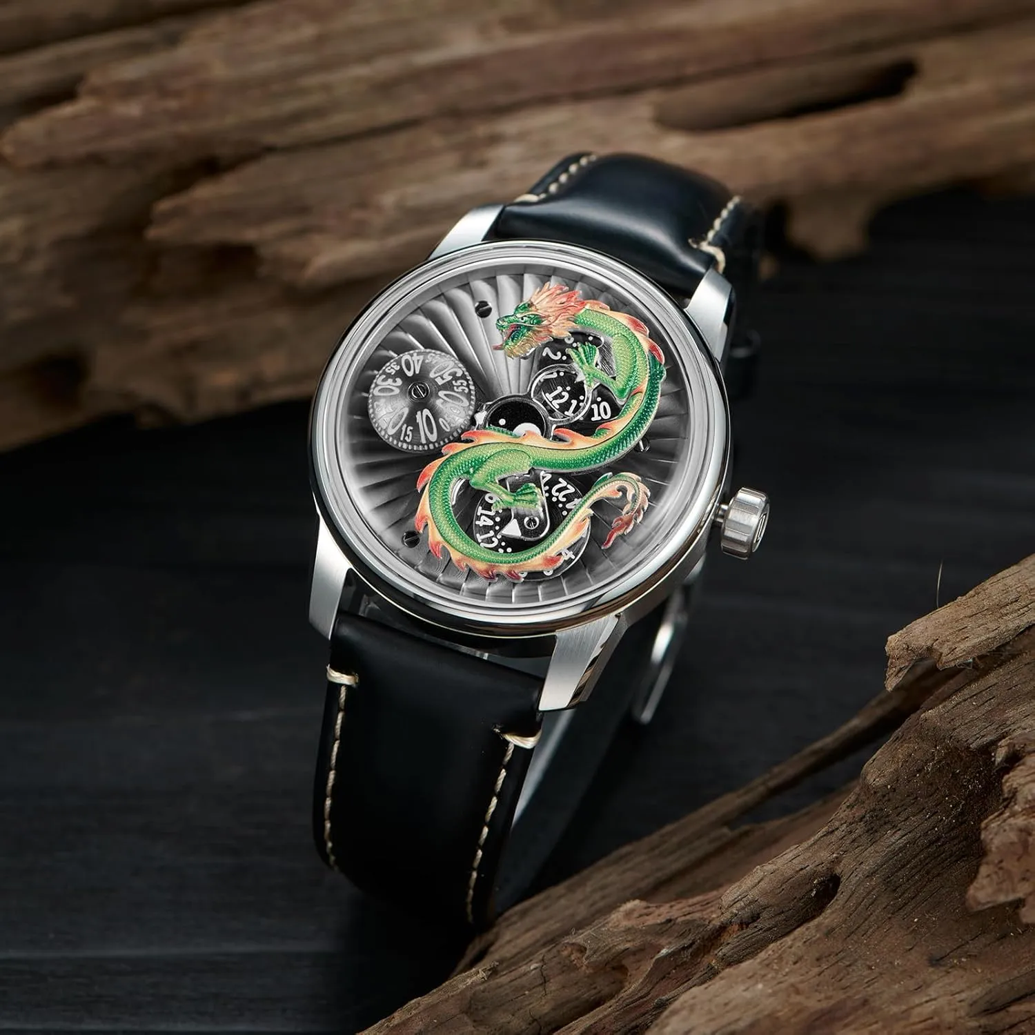 3D Chinese Dragon Dial Calf Leather Automatic gesture glimmer rampant perpetuate realization bronze Watch for Men 3 Eyes Multifunctional Classic Mechanical Watches JM-Dragon-DOU Designer 