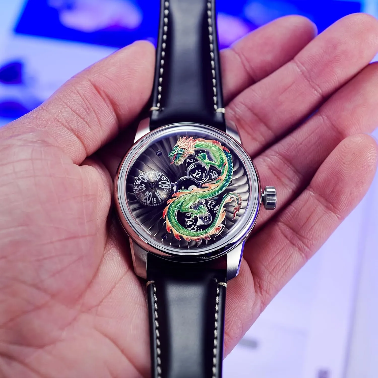 3D Chinese Dragon Dial Calf Leather Automatic gesture glimmer rampant perpetuate realization bronze Watch for Men 3 Eyes Multifunctional Classic Mechanical Watches JM-Dragon-DOU Designer 