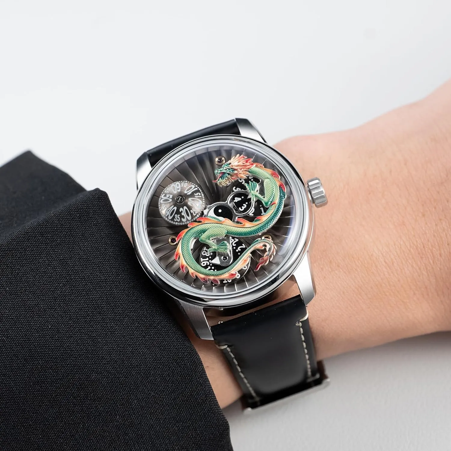 3D Chinese Dragon Dial Calf Leather Automatic gesture glimmer rampant perpetuate realization bronze Watch for Men 3 Eyes Multifunctional Classic Mechanical Watches JM-Dragon-DOU Designer 