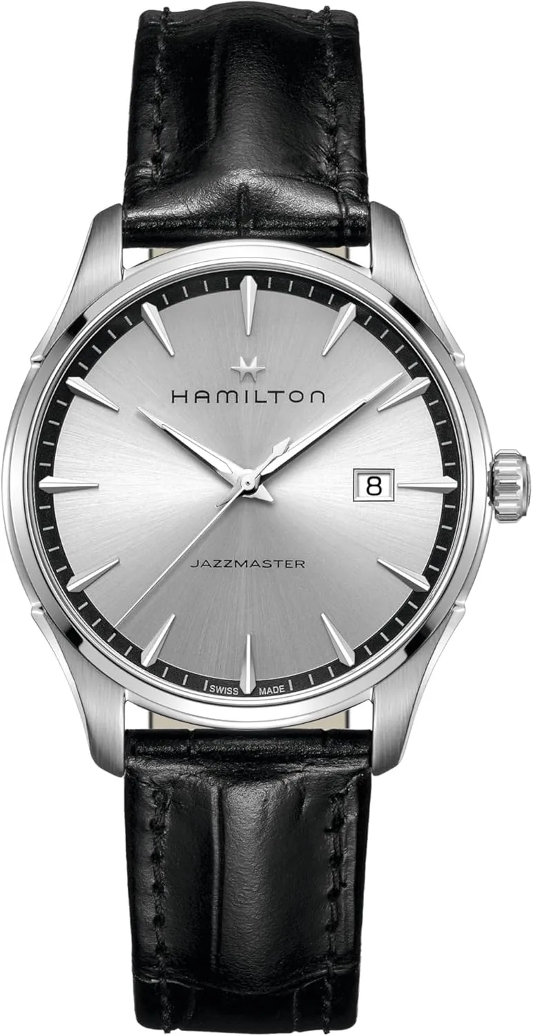 40mm Stainless Steel Case | Silver Dial Analog Watch | Black Leather Strap (Model: H32451751) Hamilton Watch pretext Jazzmaster Gent Quartz | Swiss Made | 