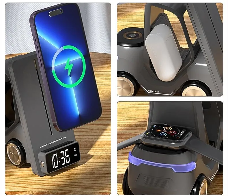 5-in-1 Car Shape Phones/Watches/ AirPods Fast Wireless Charger Stand Night Light Clock