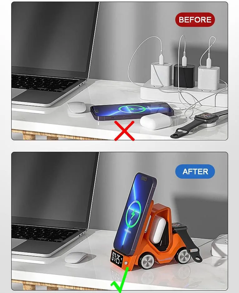 5-in-1 Car Shape Phones/Watches/ AirPods Fast Wireless Charger Stand Night Light Clock