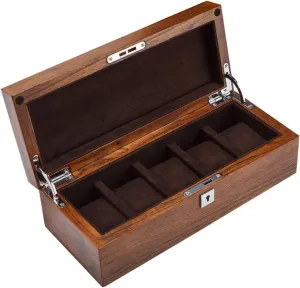 5 Removable Cushions Metal Clasp Showcase for Men/Women 5-Slot Watch Display Storage Box with Accessories Tray kinship flame pivot Wooden Exterior Soft Lining Interior with 