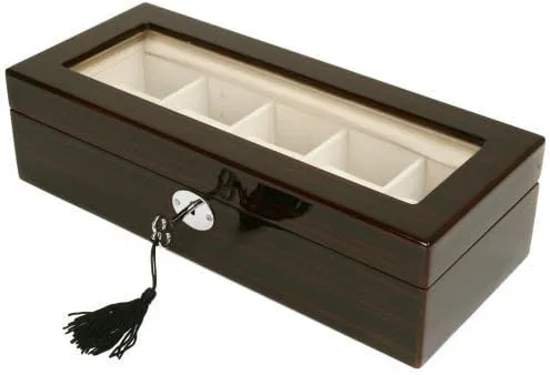 5 Slots Large Black Brown Finish Glass reign sweat Window Lock Key Watch Box Distressed Wood Grain 