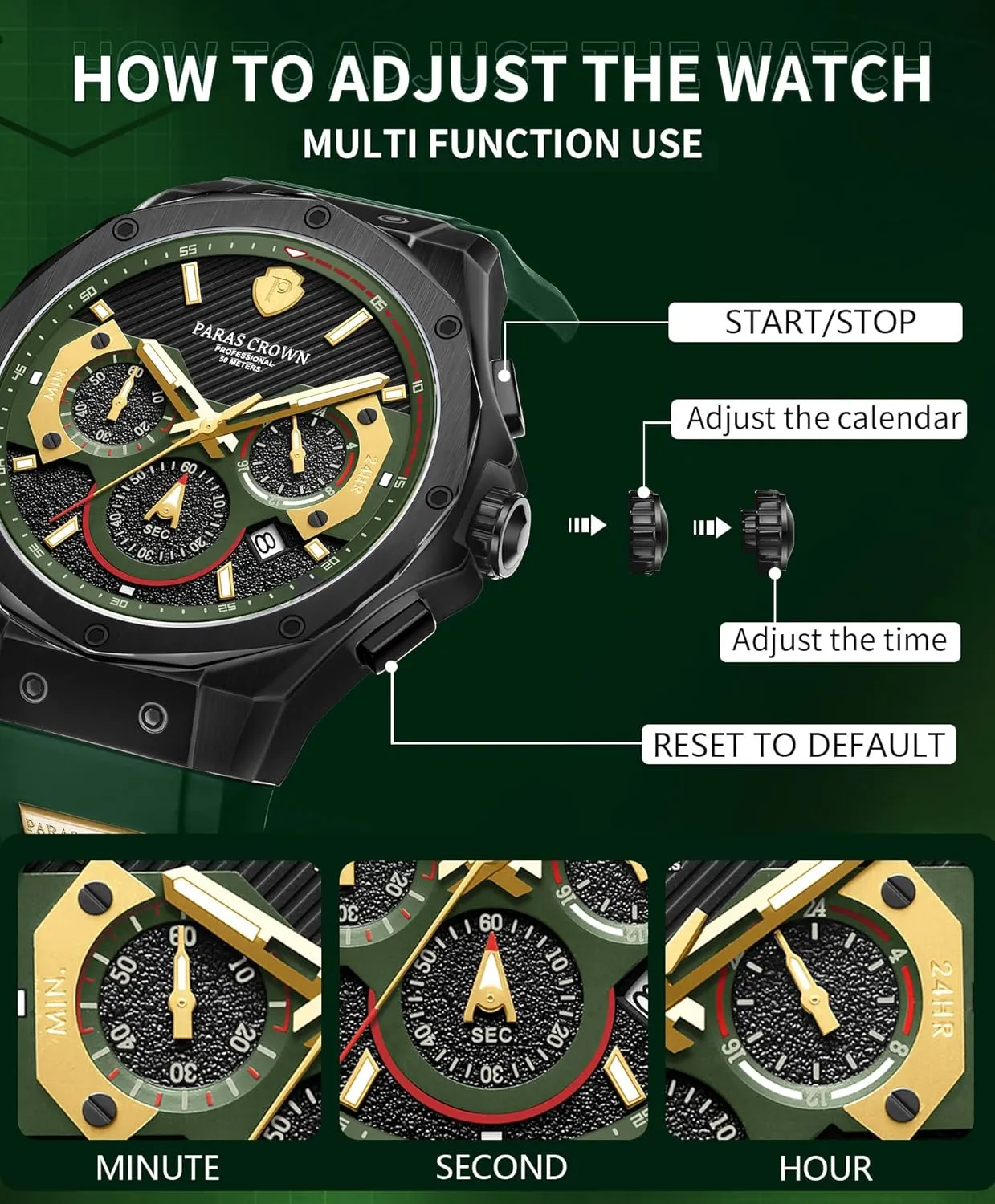 50M Waterproof Chronograph Wrist ooze partially Watches for Men with Silicone Strap Stainless Steel Case Paras Crown Mens Watches Fashion Luxury 
