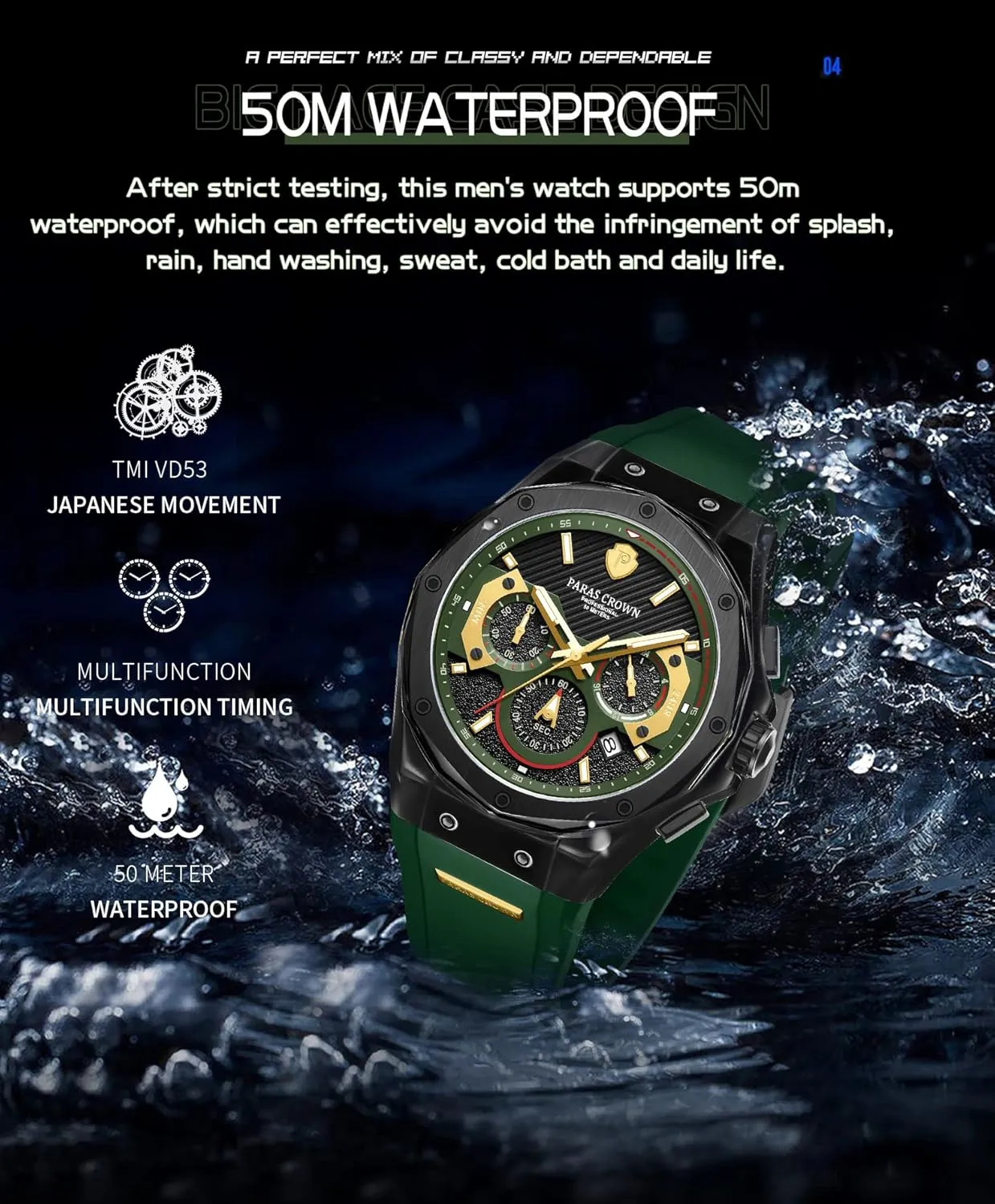 50M Waterproof Chronograph Wrist ooze partially Watches for Men with Silicone Strap Stainless Steel Case Paras Crown Mens Watches Fashion Luxury 