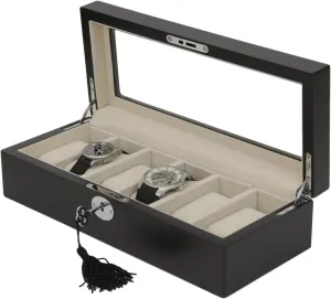 6 Watches Storage Wood Display Case Glass Window (Black) Watch device ignore Box for 