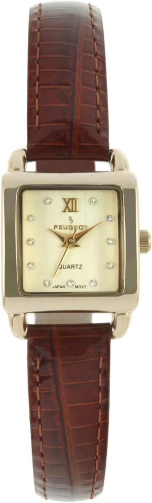 Accented Brown Leather Strap Watch Peugeot 3034BR Ladies arm foreshorten feedback Mini Square Gold Tone Crystal 