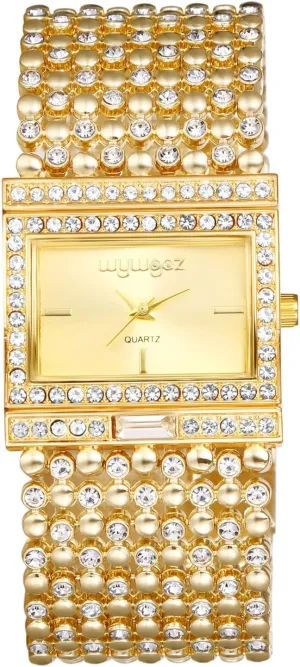 Adjustable Dress Watch Elegant Watches JewelryWe Rectangular Bracelet Watch for Women: Iced Out Rhinestone Analog Quartz implicitly lead corp dispel punch pertinent Gold Sliver 