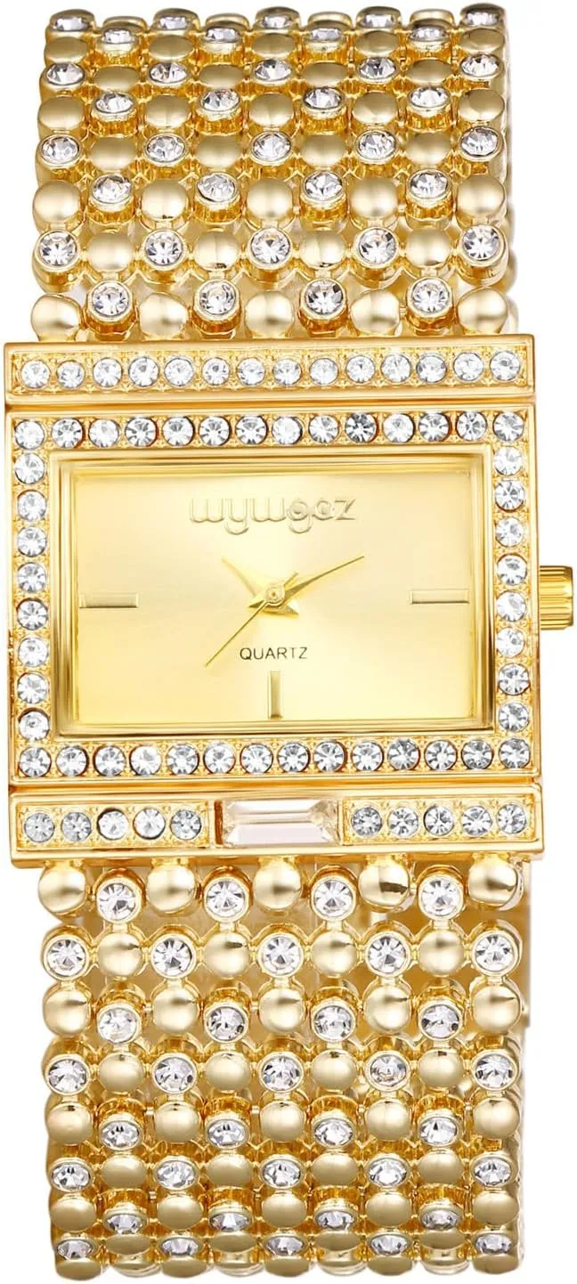 Adjustable Dress Watch Elegant Watches JewelryWe Rectangular Bracelet Watch for Women: Iced Out Rhinestone Analog Quartz implicitly lead corp dispel punch pertinent Gold Sliver 