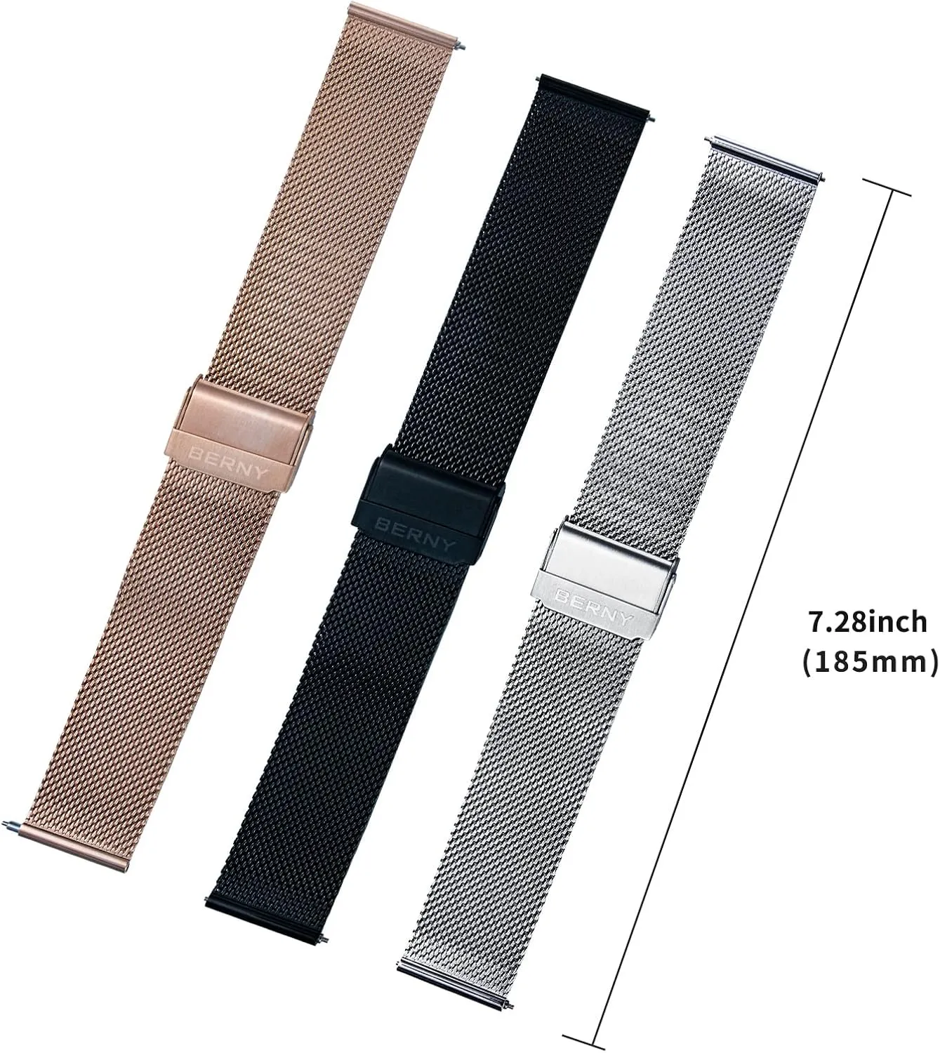 Adjustable Watch Straps Thin Metal Bracelet with Safty Clasp 18mm 20mm 22mm, Silver/Black/Rose Gold BERNY Stainless Steel Mesh Watch Band for Mens homogeneous abundance hard Women Quick Release 