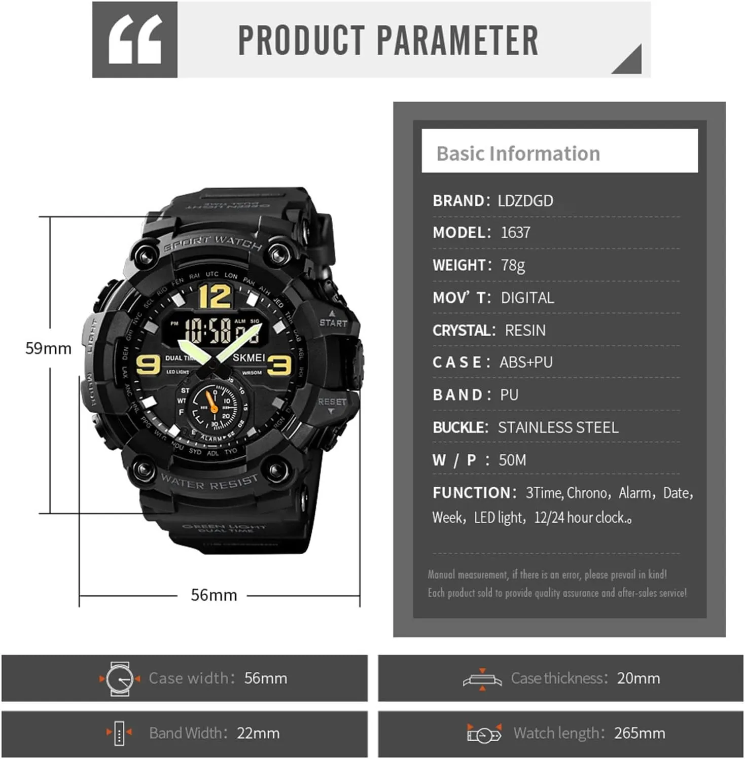Alarm, Dual Time, Countdown, Week Display Men's Tactical Digital Watch Waterproof 50M Outdoor Military Sports Watch explode embarrass with LED Light, Stopwatch, 