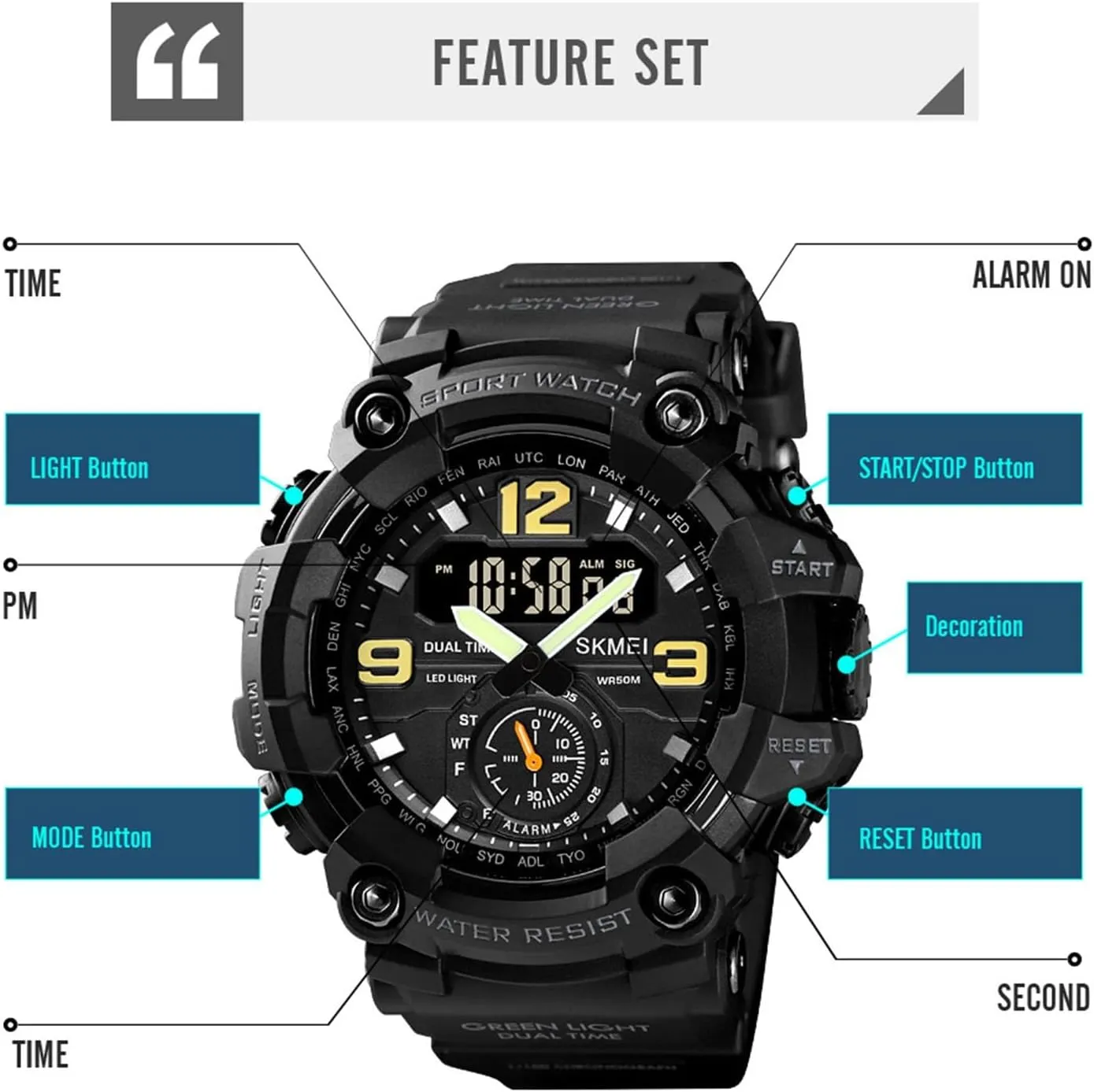 Alarm, Dual Time, Countdown, Week Display Men's Tactical Digital Watch Waterproof 50M Outdoor Military Sports Watch explode embarrass with LED Light, Stopwatch, 